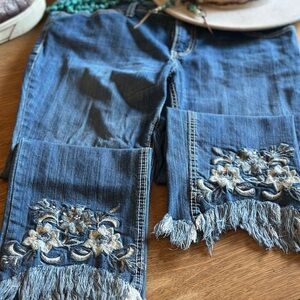 Cruel Girl Embroidered Fringe Denim Capris